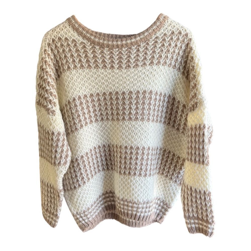 Vine & Love Textured Knit Sweater - Cream and Brown Oversized Fit